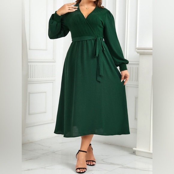 Plus Size Surplice Neck Tie Waist Long Sleeve Midi Dress - Picture 1 of 6